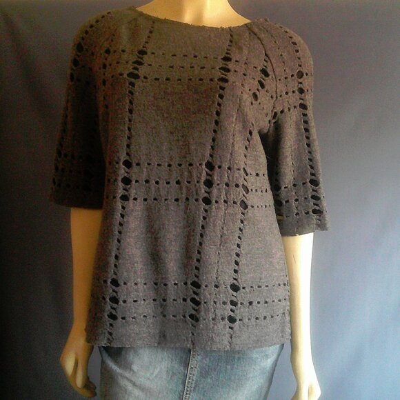 Tory Burch Gray Wool Holes Black Lined Frayed Sweater Sm - Picture 3 of 13